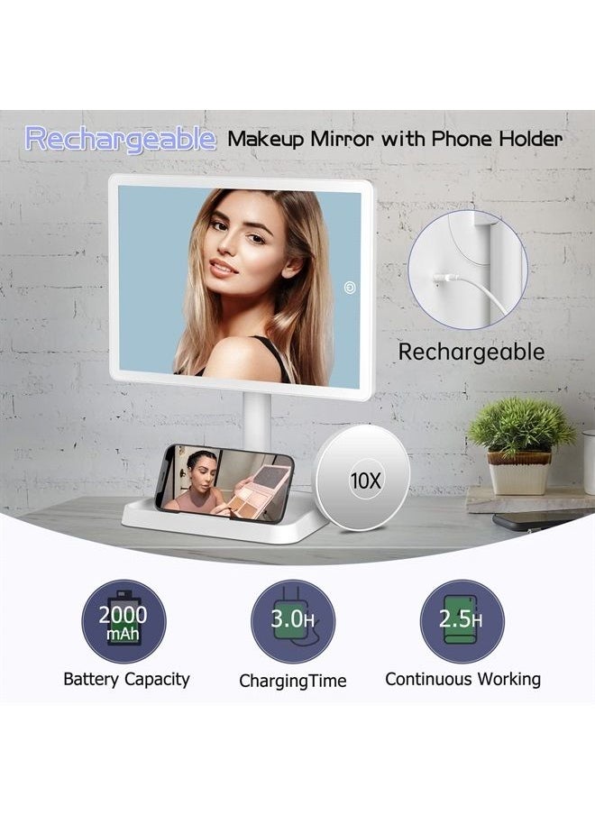 FUNTOUCH Rechargeable Makeup Mirror with Lights,Lighted Makeup Vanity Mirror with 96 LED Phone Holder and 10X Magnifying Mirror, 3Color Lighting Light Up Cosmetic Mirror with Sensor Touch Dimmable,360°Rotation  - Image 4