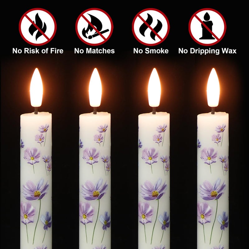 DRomance Flickering Flameless Taper Candles with Remote and Timer, 4 Pack Real Wax Battery Operated LED Taper Candles 3D Wick Purple Flower Decal Dinner Wedding Spring Home Decor(0.75" D x 9.65" H) - Image 2