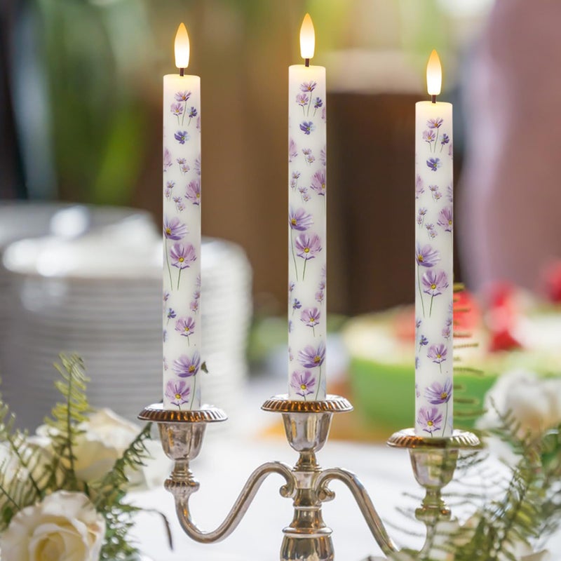 DRomance Flickering Flameless Taper Candles with Remote and Timer, 4 Pack Real Wax Battery Operated LED Taper Candles 3D Wick Purple Flower Decal Dinner Wedding Spring Home Decor(0.75" D x 9.65" H) - Image 3