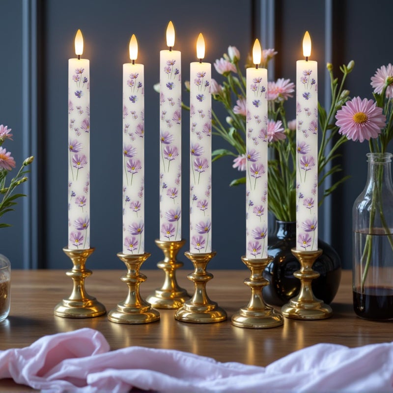 DRomance Flickering Flameless Taper Candles with Remote and Timer, 4 Pack Real Wax Battery Operated LED Taper Candles 3D Wick Purple Flower Decal Dinner Wedding Spring Home Decor(0.75" D x 9.65" H) - Image 4