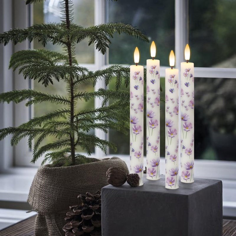 DRomance Flickering Flameless Taper Candles with Remote and Timer, 4 Pack Real Wax Battery Operated LED Taper Candles 3D Wick Purple Flower Decal Dinner Wedding Spring Home Decor(0.75" D x 9.65" H) - Image 5
