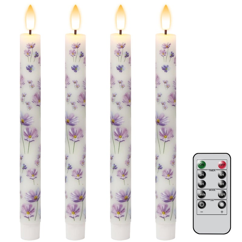 DRomance Flickering Flameless Taper Candles with Remote and Timer, 4 Pack Real Wax Battery Operated LED Taper Candles 3D Wick Purple Flower Decal Dinner Wedding Spring Home Decor(0.75" D x 9.65" H) - Image 1