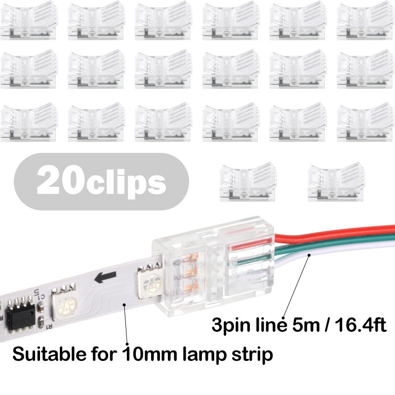 Flutesan 20 Pcs 3 Pin 10mm Solderless LED Light Strip Connectors Clear Track Lighting Connectors for 5050 RGB Strip Light - Image 3