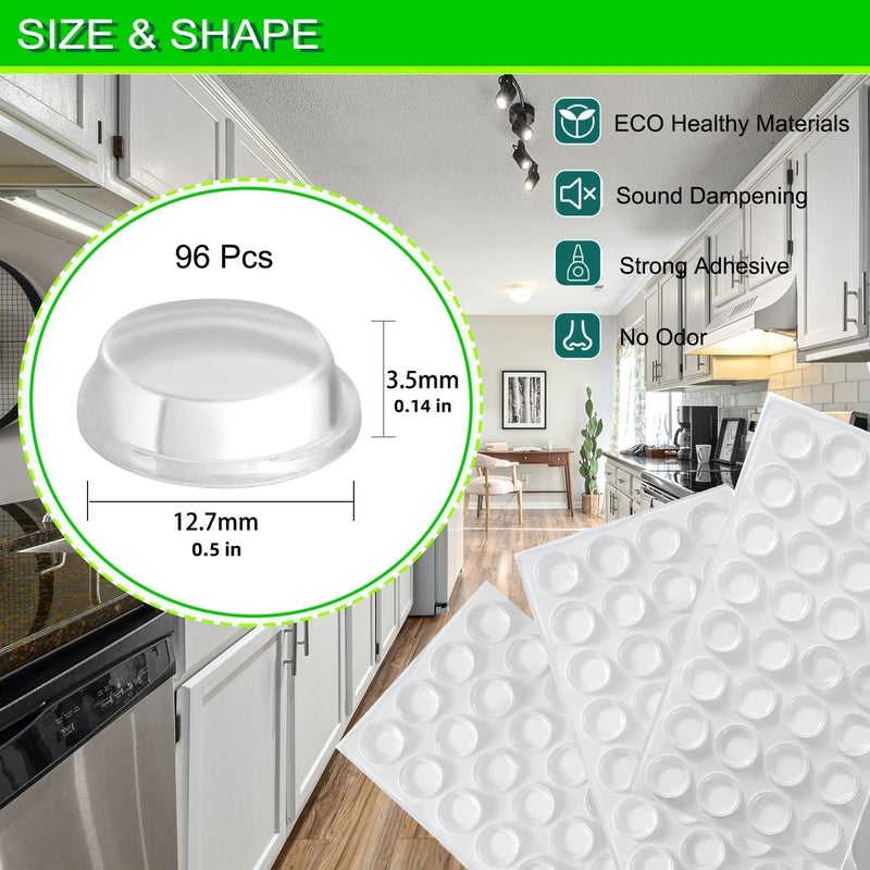 Furnigear Cabinet Bumpers Soft Self-Adhesive Clear Rubber Bumper- Cabinet Door pumpers dots Clear Cabinet stoppers Furniture Noise Reducing Silicone Rubber Bumper Extremely Durable(96Pcs) - Image 2