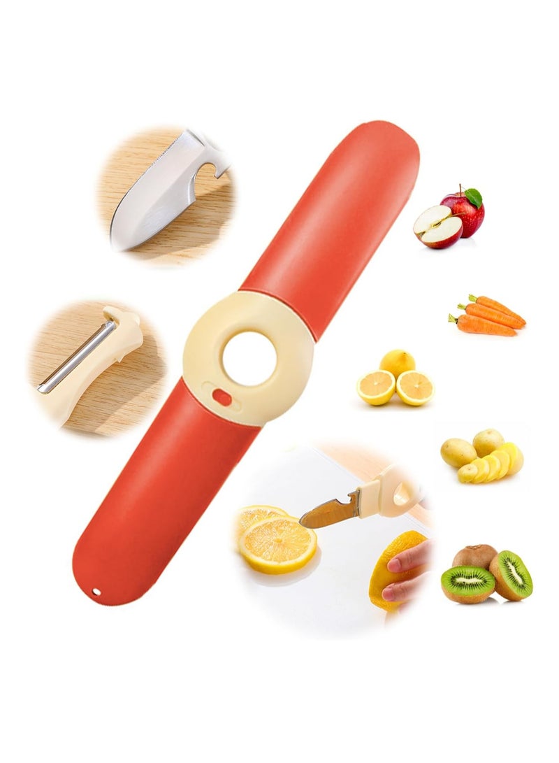 5 in 1 Kitchen Peeler, Portable Multifunctional Travel Stainless Steel Fruit Knife with Lid, Bottle Opener Orange Peeler Fruit Vegetable Peeler for Kitchen, Outdoor Travel, Camping (Red) - Image 1