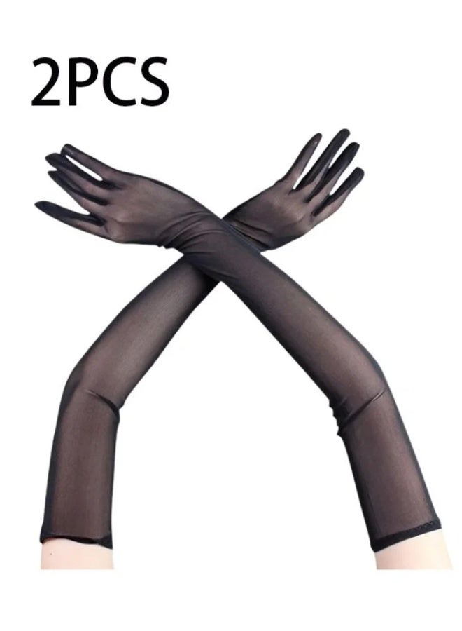 daydayup 2 PCS Womens Gloves Thin Lace Black Hollow Transparent Long Gloves Soft Breathable Solid Net Yarn Elasticity - Image 1