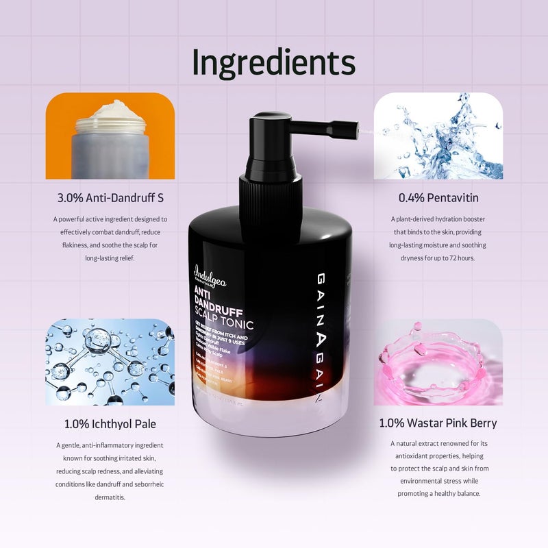 Indulgeo ESSENTIALS تونك فروة الرأس المضاد للقشرة من إندولجيو إيسينشالز بخاخ بدون شطف لصحة فروة رأس خالية من الحكة يهدئ ويوازن قشرة الرأس مزيل للقشرة للرجال والنساء 50 مل - Image 3