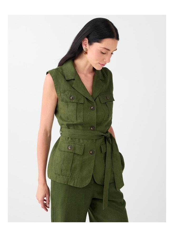 Jimmy Key Khaki 100% Linen Belt Detailed Pocket Vest. - Image 3