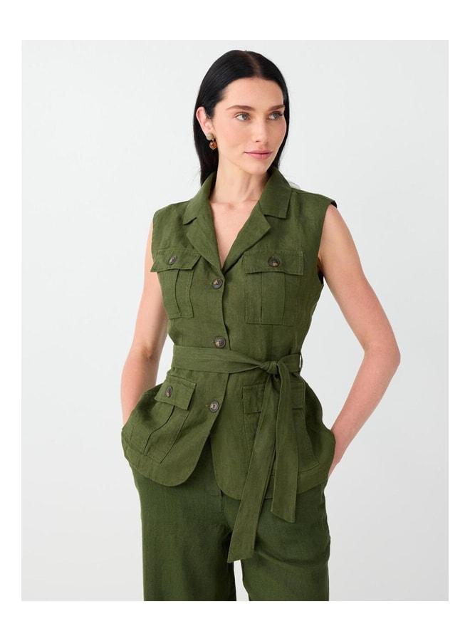 Jimmy Key Khaki 100% Linen Belt Detailed Pocket Vest. - Image 1