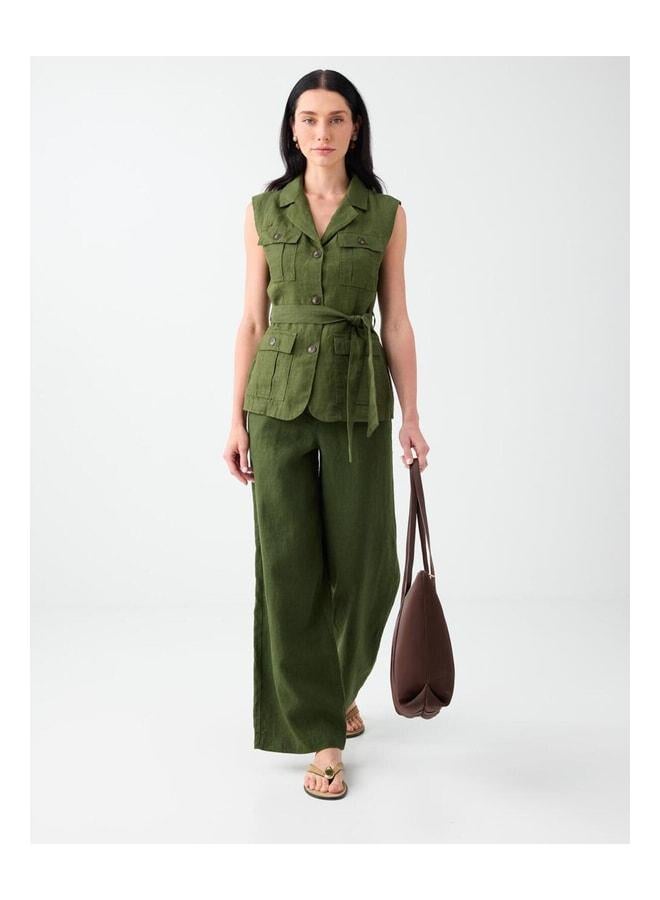 Jimmy Key Khaki 100% Linen Belt Detailed Pocket Vest. - Image 2