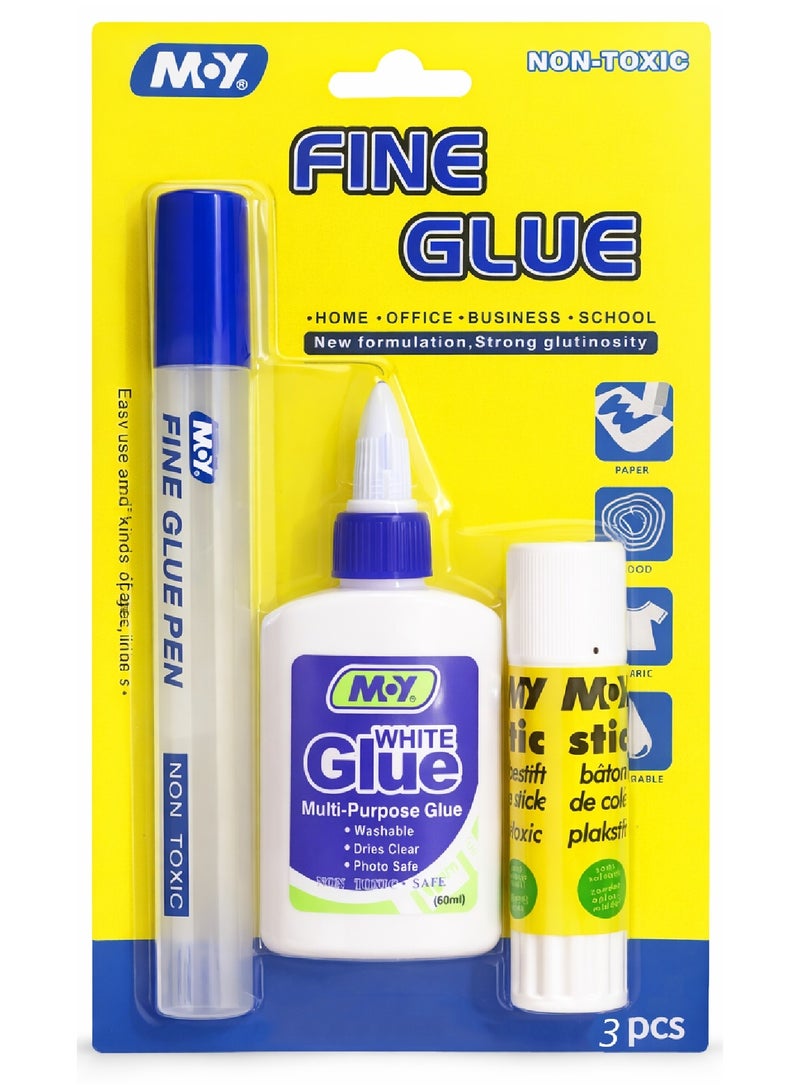 Moy Fine Glue Set 3PCS 50ml Glue Pen 60ml White Glue & Glue Stick  Non-Toxic Multi-Purpose Adhesive - Image 1