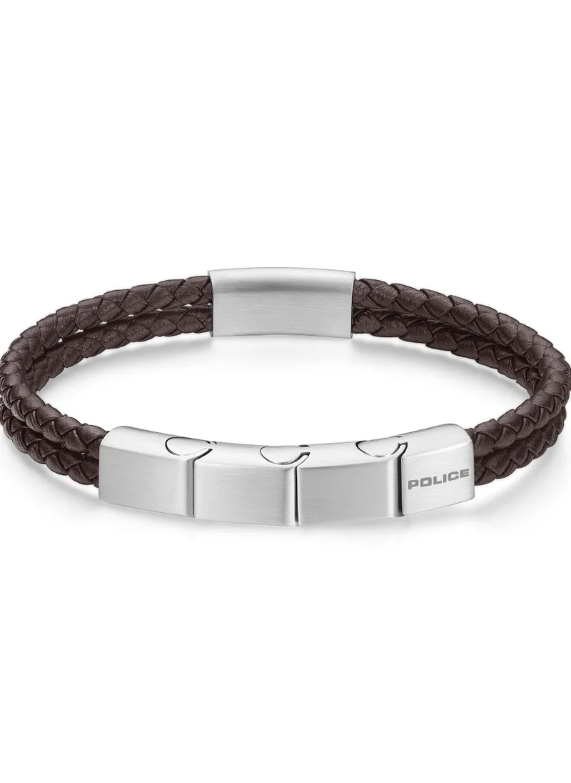 POLICE Parallel Dark Brown Leather Stainless Steel Gents Bracelet