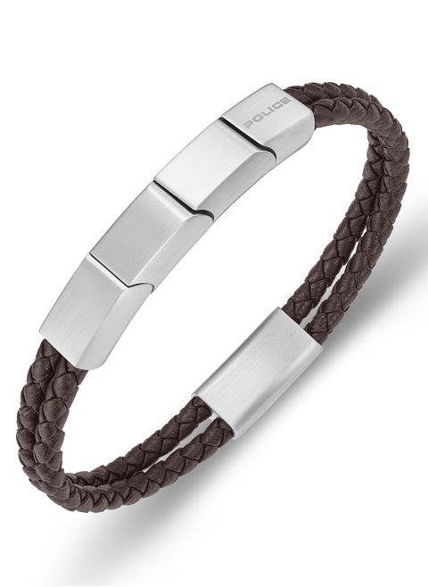Parallel Dark Brown Leather Stainless Steel Gents Bracelet