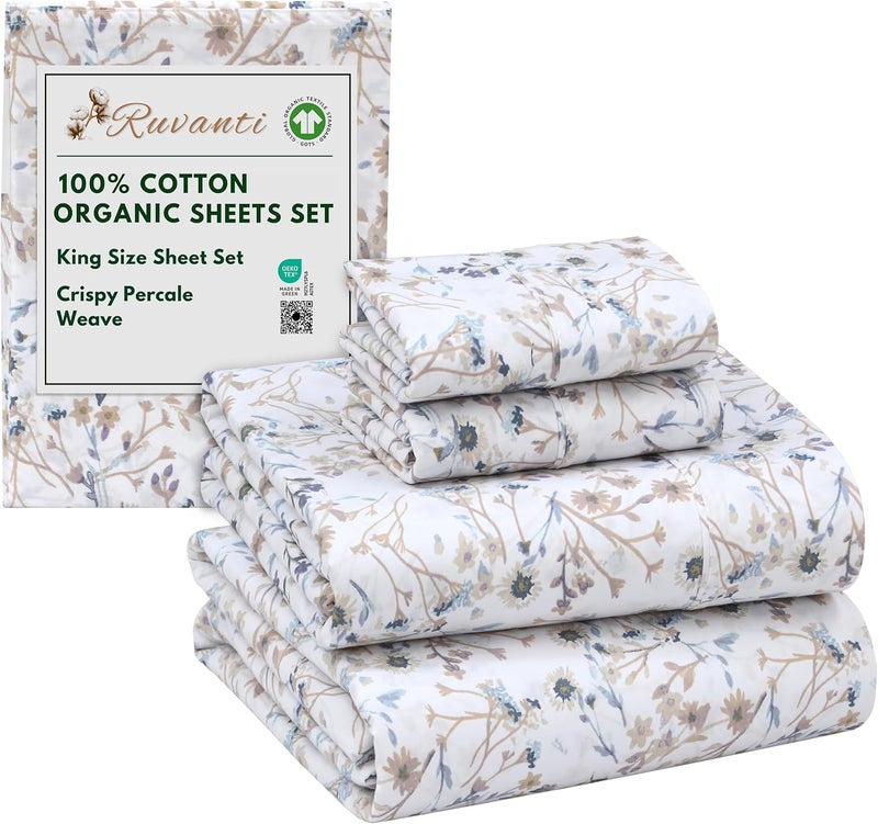 Ruvanti 100% Organic Cotton Sheets King Size, Percale Weave, GOTS Certified, 4-Piece Set, Deep Pocket 15", Crisp & Breathable, Soft Durable Bedding, Sábanas Algodón Orgánico – Tranquil - Image 1