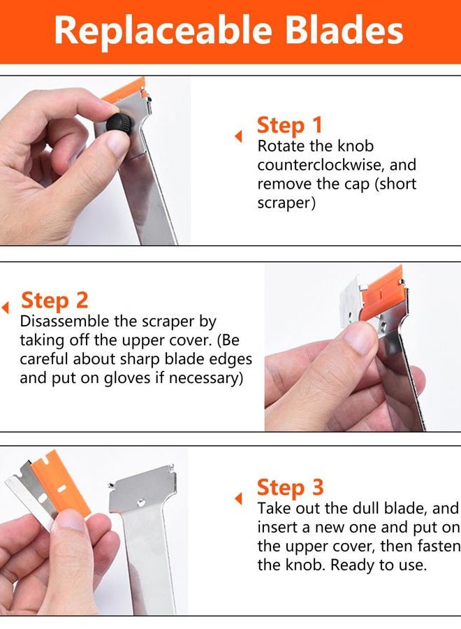 Burbifro Razor Blade Scraper,Long Handle Razor Scraper Tool for Removing Label, Registration Sticker, Tint, Grease from Windshield, Appliance, Glass (Extra 10 Metal and 10 Plastic Blades) - Image 4