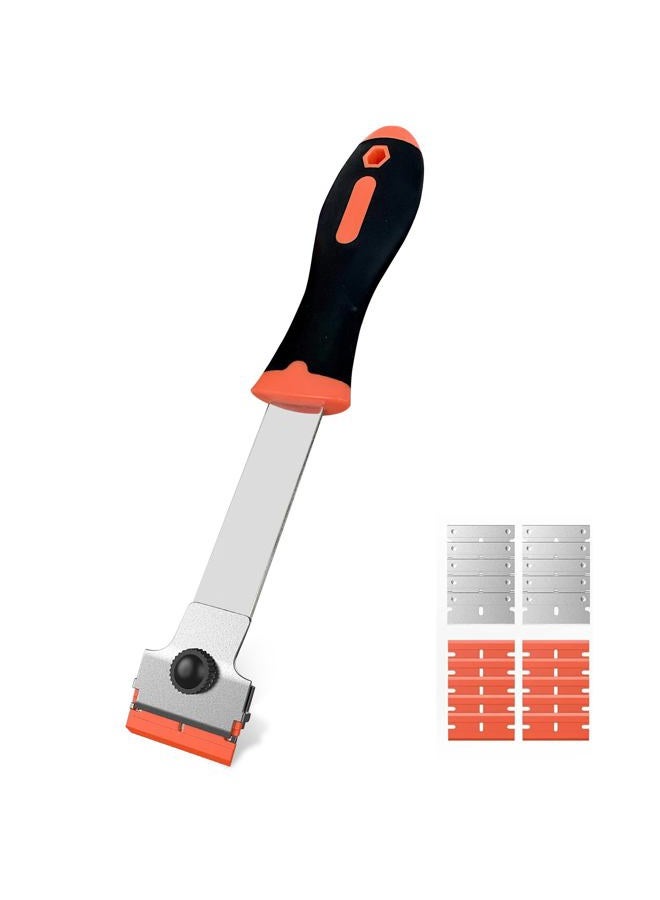 Burbifro Razor Blade Scraper,Long Handle Razor Scraper Tool for Removing Label, Registration Sticker, Tint, Grease from Windshield, Appliance, Glass (Extra 10 Metal and 10 Plastic Blades) - Image 1