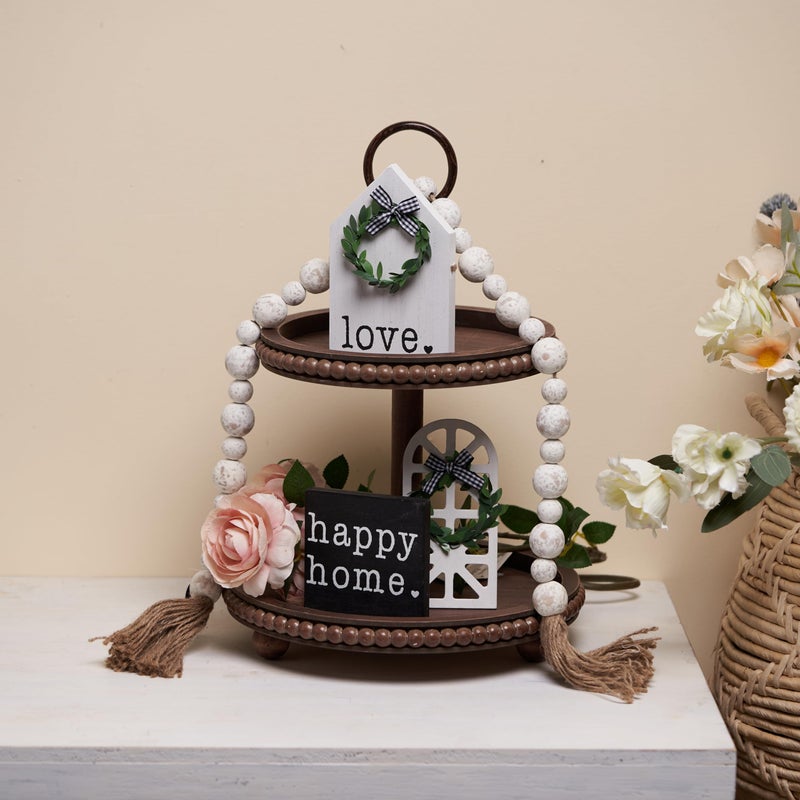 GENMOUS & CO. GENMOUS  CO Beaded 2 Tiered Tray Wooden Farmhouse Decoration 3pcs Tiered Tray Decor Signs  1pc Wood Bead Garland for Home Country Rustic Coffee Table Decor Dark Brown 