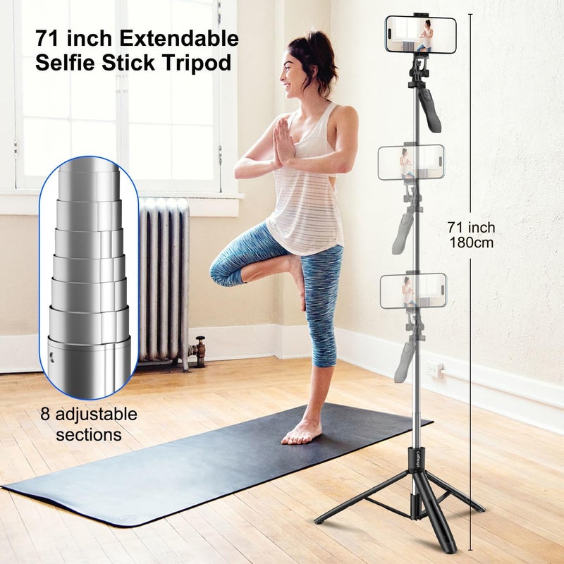 71 Inch Selfie Stick Tripod with 360 Degree Rotation and Bluetooth Remote - Image 2