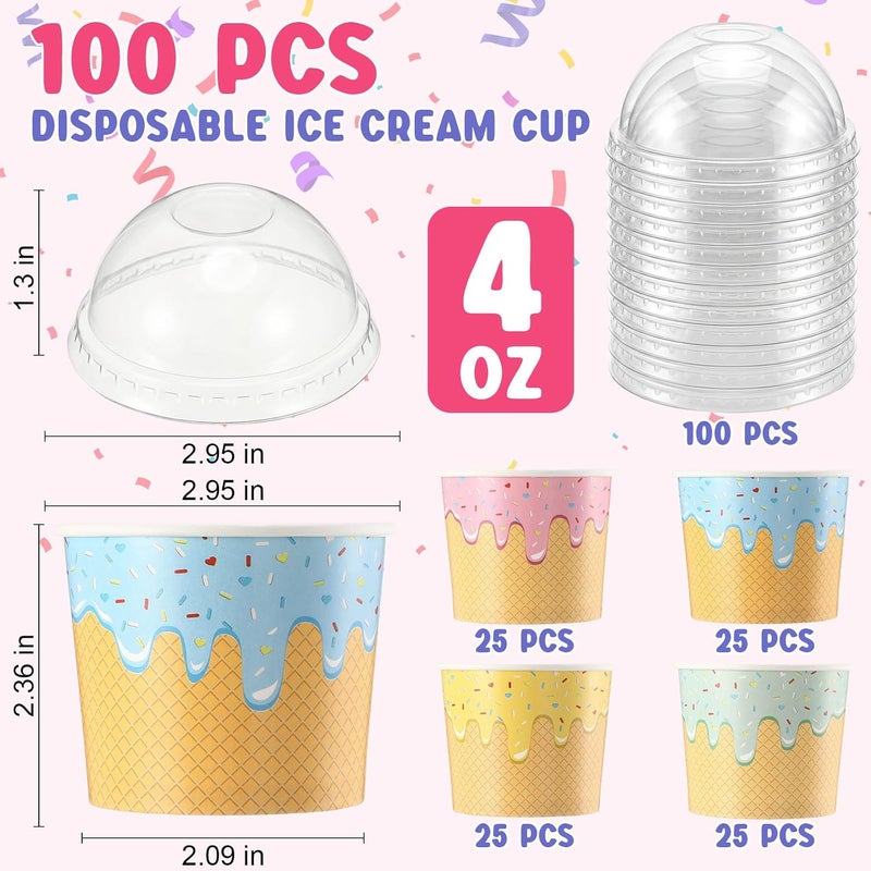Jingmore 100 Count Ice Cream Paper Cups with Clear Dome Lids No Hole Bulk Disposable Dessert Cups Dessert Bowls Sundae Containers for Snack Yogurt Soup Birthday Ice Cream Party Supplies (4 oz) - Image 2