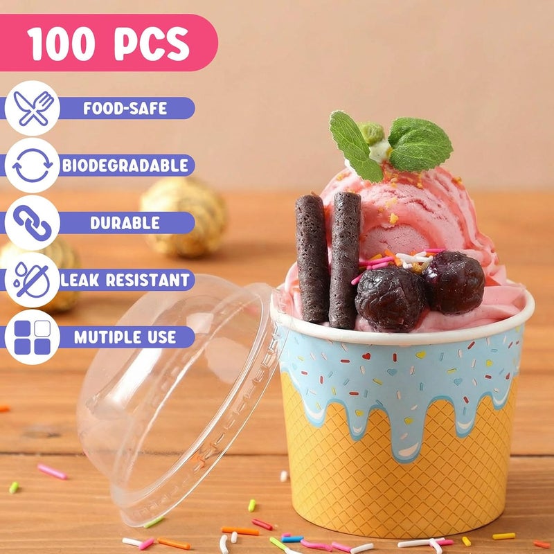 Jingmore 100 Count Ice Cream Paper Cups with Clear Dome Lids No Hole Bulk Disposable Dessert Cups Dessert Bowls Sundae Containers for Snack Yogurt Soup Birthday Ice Cream Party Supplies (4 oz) - Image 3