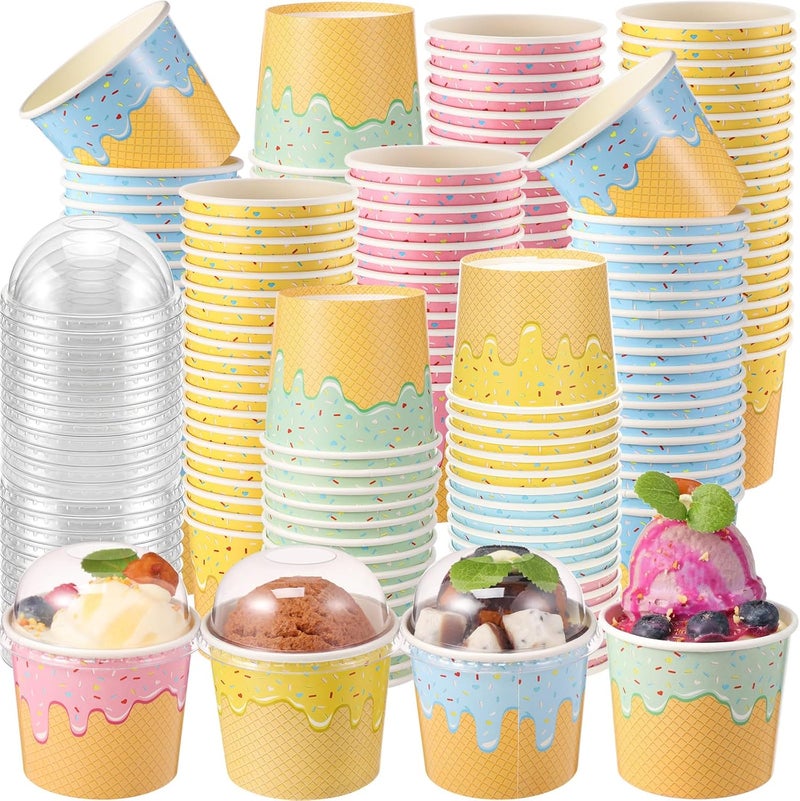 Jingmore 100 Count Ice Cream Paper Cups with Clear Dome Lids No Hole Bulk Disposable Dessert Cups Dessert Bowls Sundae Containers for Snack Yogurt Soup Birthday Ice Cream Party Supplies (4 oz) - Image 1