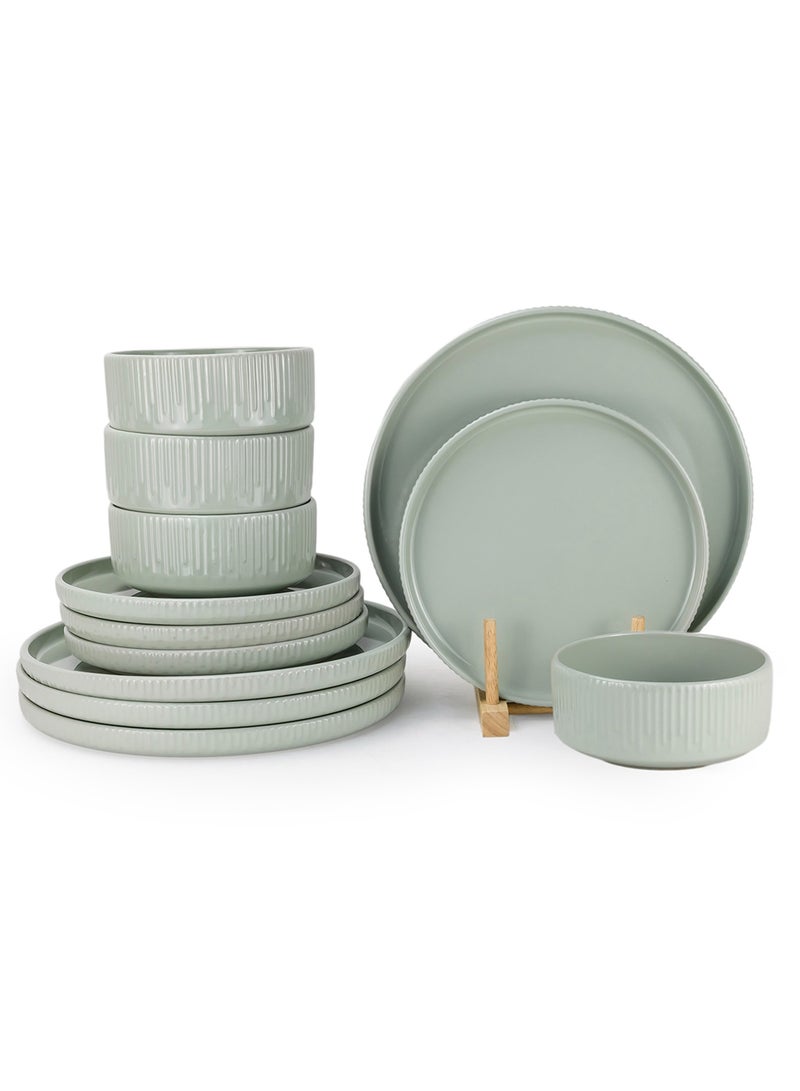 Shallow Harper 12 Piece Stoneware Dinner Set, Serves 4 people, includes 4 x 10.5" Dinner Plates, 4 x 7.5" Salad plates, 4 x 5.5" bowls, Elegant Green - Image 5