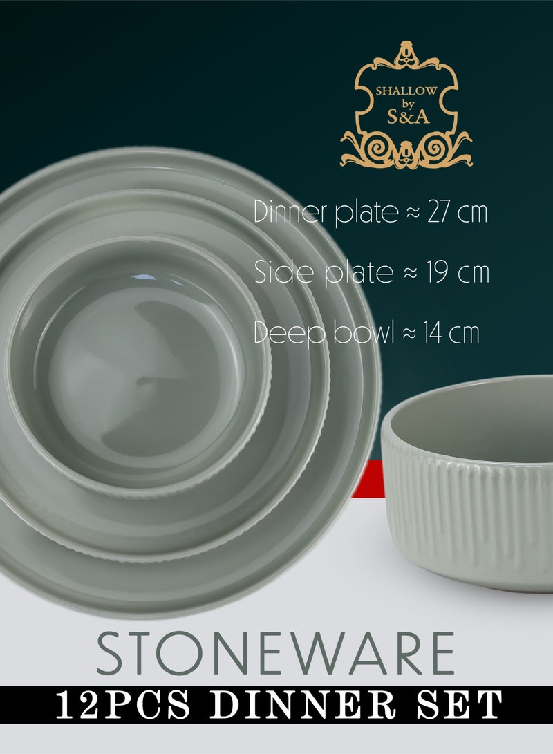 Shallow Harper 12 Piece Stoneware Dinner Set, Serves 4 people, includes 4 x 10.5" Dinner Plates, 4 x 7.5" Salad plates, 4 x 5.5" bowls, Elegant Green - Image 3