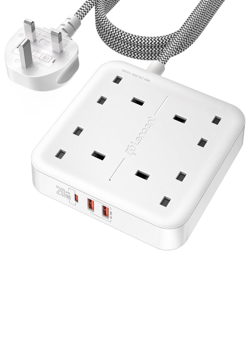 Lencent Extension Cord with 4 Way Outlets & 3 USB Ports (PD20W/QC18W),3250W 13A Heavy Duty Power Strip with 1.8M Braided Cable, Multi Power Plug Compact Design for Home/Office,White - Image 2