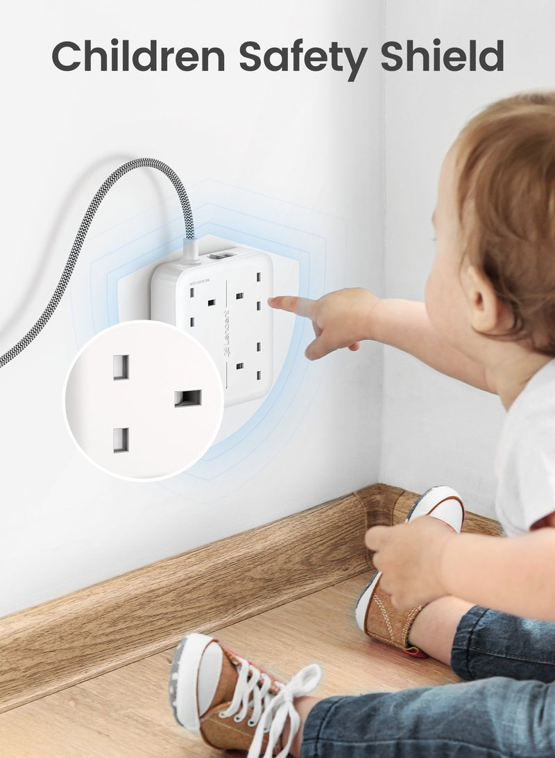 Lencent Extension Cord with 4 Way Outlets & 3 USB Ports (PD20W/QC18W),3250W 13A Heavy Duty Power Strip with 1.8M Braided Cable, Multi Power Plug Compact Design for Home/Office,White - Image 3