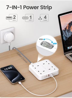 لينسينت سلك تمديد طاقة توصيل كهربائي مع 4 مقابس و3 منافذ USB، شحن سريع QC3.0 PD20W، وصلة تمديد متعددة التوصيل 1.8 متر  - Image 3