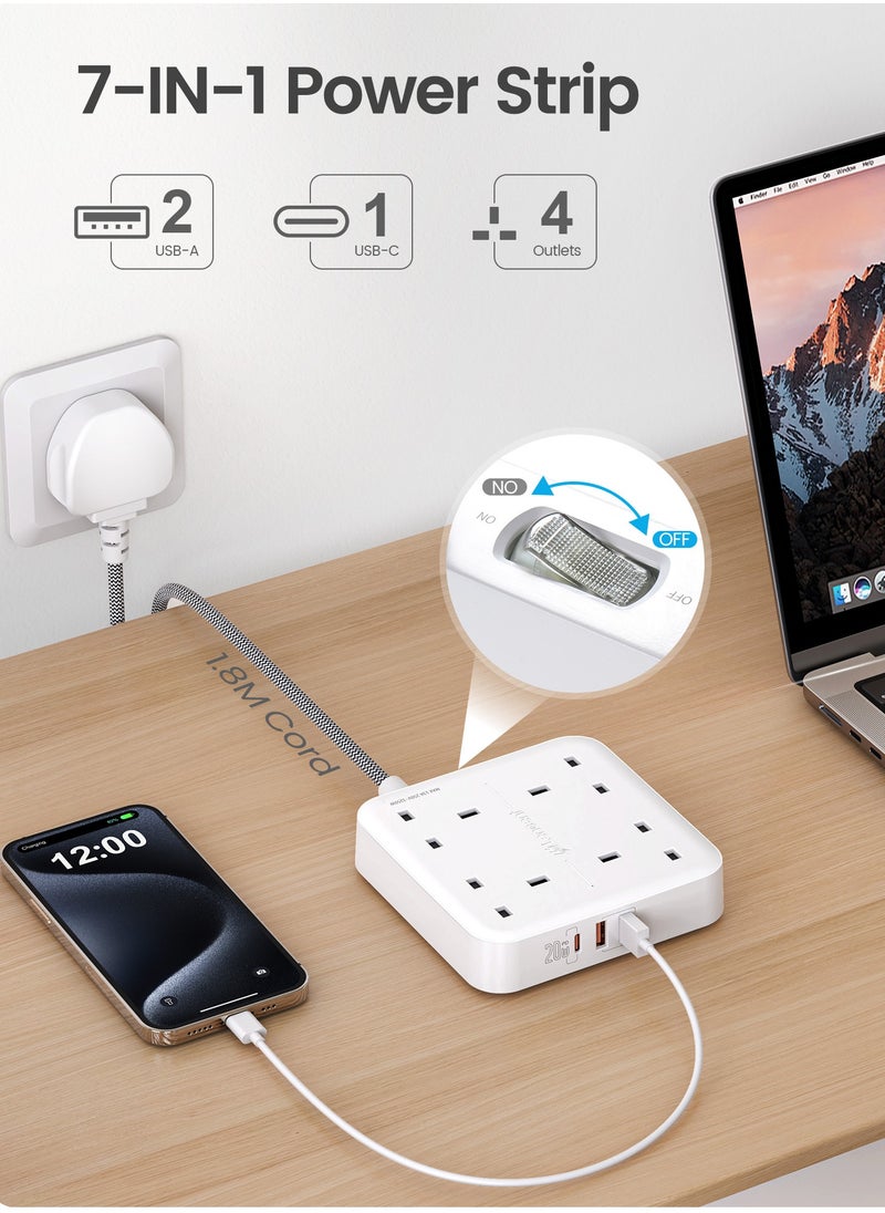 لينسينت سلك تمديد طاقة توصيل كهربائي مع 4 مقابس و3 منافذ USB، شحن سريع QC3.0 PD20W، وصلة تمديد متعددة التوصيل 1.8 متر  - Image 3