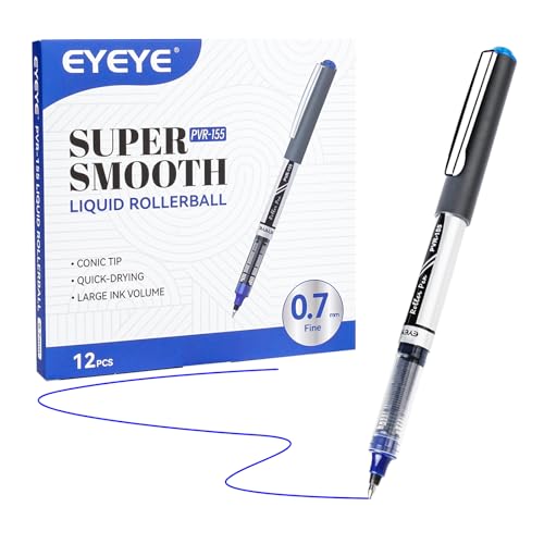 EYEYE 0.7mm Blue Pens Roller Ball, 12 Pack Medium Point Rollerball Pen Quick Dry, Liquid Ink Pens Fine Point Smooth Writing Pen for Journaling, Note Taking, Office, School Supplies - Image 1