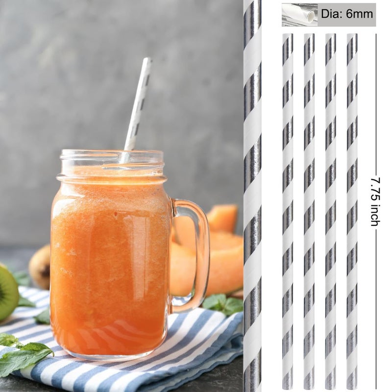 ALINK 100 Silver and White Striped Paper Straws  Biodegradable Disposable Drinking Straws for Christmas  Brithday  New Year  Party Decoration Supplies - Image 2