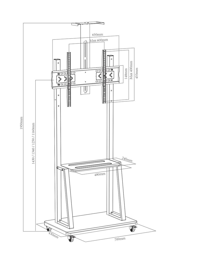 Rolling/Mobile TV Cart with Wheels for 32-65 Inch LCD LED 4K Flat Screen TVs, TV Floor Stand with Shelf Holds Up to 100 lbs | Adjustable Height Trolley Max VESA 600 x 400 mm - Image 5