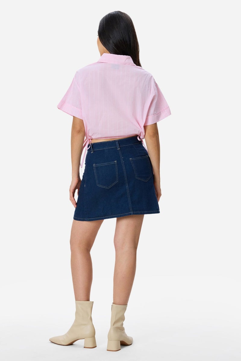 Virgio Stripes Cotton Crop Drawcord Shirt for Women - Image 4