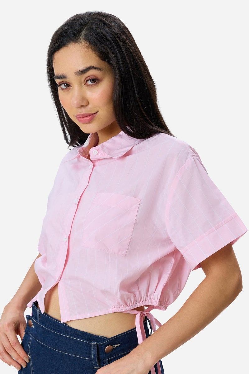 Virgio Stripes Cotton Crop Drawcord Shirt for Women - Image 1