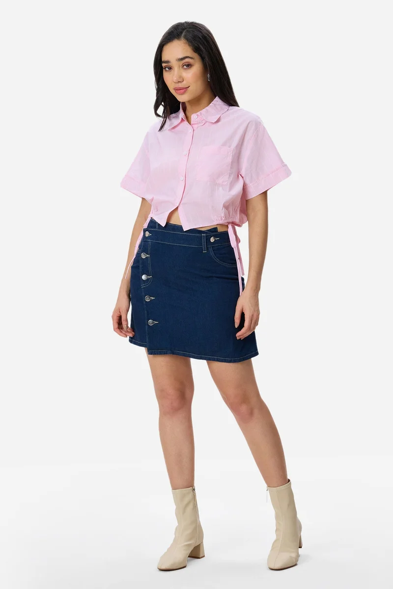 Virgio  Stripes Cotton Crop Drawcord Shirt for Women for Women | Best Price UAE