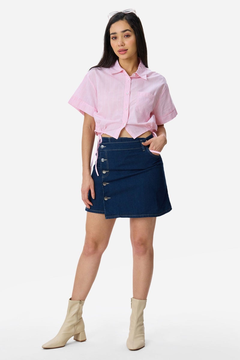 Virgio Stripes Cotton Crop Drawcord Shirt for Women - Image 5