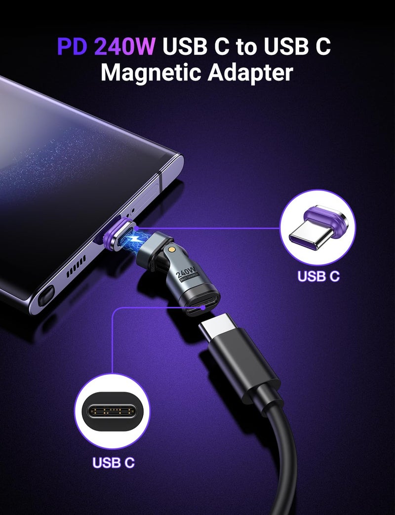 AUFU PD 240W 16PIN USB C Magnetic Adapter(2Pack)/USB C 90 Degree Adapter/Right Angle C Adapters/Magnetic C to C for 1Phone 17/16/15 Series, Ma-Book Pro/1Pad Series, Samsung Galaxy, Google Pixel - Image 2