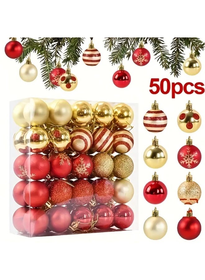 Home Care 50 قطعة زينة عيد الميلاد الاحتفالية - مجموعة كرات ذهبية وحمراء مع رقاقات الثلج، خطوط ونقاط | زينة بلاستيكية متينة للأشجار الداخلية/الخارجية، الأكليل، الزينة وديكورات حفلات العطلات - Image 1