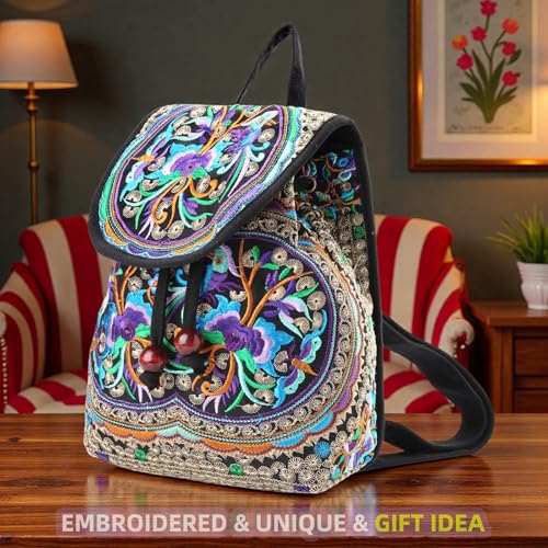 Goodhan Vintage Embroidered Women Backpack Ethnic Travel Handbag Shoulder Bag, 12x10x5 inch, Purple - Image 2