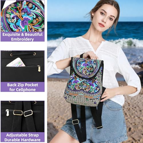 Goodhan Vintage Embroidered Women Backpack Ethnic Travel Handbag Shoulder Bag, 12x10x5 inch, Purple - Image 3