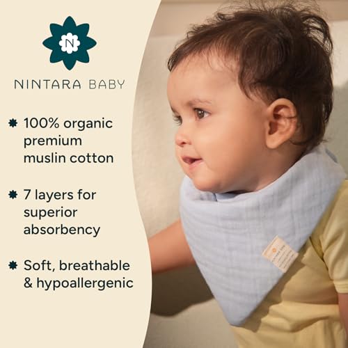 NINTARABABY Bandana Bibs – 100% Organic Muslin Cotton, 7-Layer Absorbent for Drooling, Teething & Feeding, Soft & Hypoallergenic, Adjustable Snap Buttons, Reversible, Baby Gift Ages 0–3, Pack of 6 - Image 2