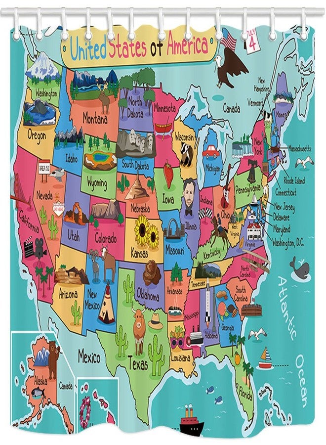 NYMB Kids Map of The United States Bath Curtain, Cartoon Fun Facts Geography USA Map, Polyester Fabric Waterproof Shower Curtain for Bathroom, Shower Curtains Hooks Included, Turquoise Red (69X70in) - Image 1