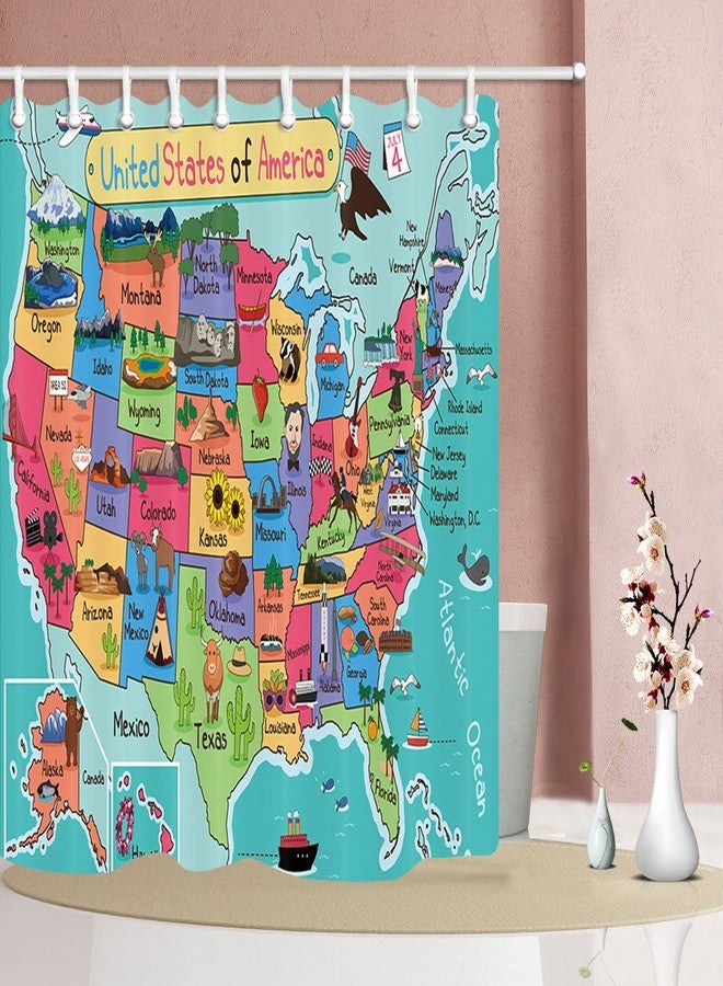 NYMB Kids Map of The United States Bath Curtain, Cartoon Fun Facts Geography USA Map, Polyester Fabric Waterproof Shower Curtain for Bathroom, Shower Curtains Hooks Included, Turquoise Red (69X70in) - Image 2