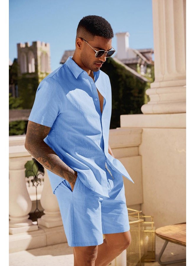 Runcati Mens Summer Beach Outfits 2 Piece Short Sleeve Sets Button Down Linen Cotton Shirts and Shorts Casual Vacation Set, Sky Blue, M - Image 3