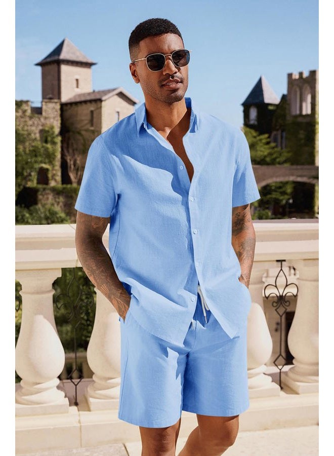 Runcati Mens Summer Beach Outfits 2 Piece Short Sleeve Sets Button Down Linen Cotton Shirts and Shorts Casual Vacation Set, Sky Blue, M - Image 4