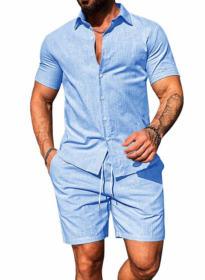Runcati Mens Summer Beach Outfits 2 Piece Short Sleeve Sets Button Down Linen Cotton Shirts and Shorts Casual Vacation Set, Sky Blue, M - Image 1