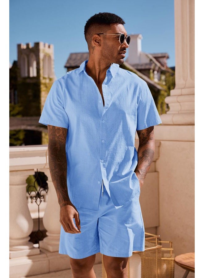 Runcati Mens Summer Beach Outfits 2 Piece Short Sleeve Sets Button Down Linen Cotton Shirts and Shorts Casual Vacation Set, Sky Blue, M - Image 2