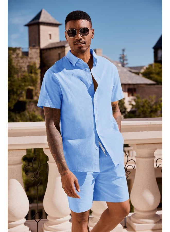 Runcati Mens Summer Beach Outfits 2 Piece Short Sleeve Sets Button Down Linen Cotton Shirts and Shorts Casual Vacation Set, Sky Blue, M - Image 5